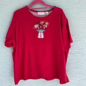 C.D. Daniels Women's 2X Red Patriotic Top Fireworks Flag Embroidery